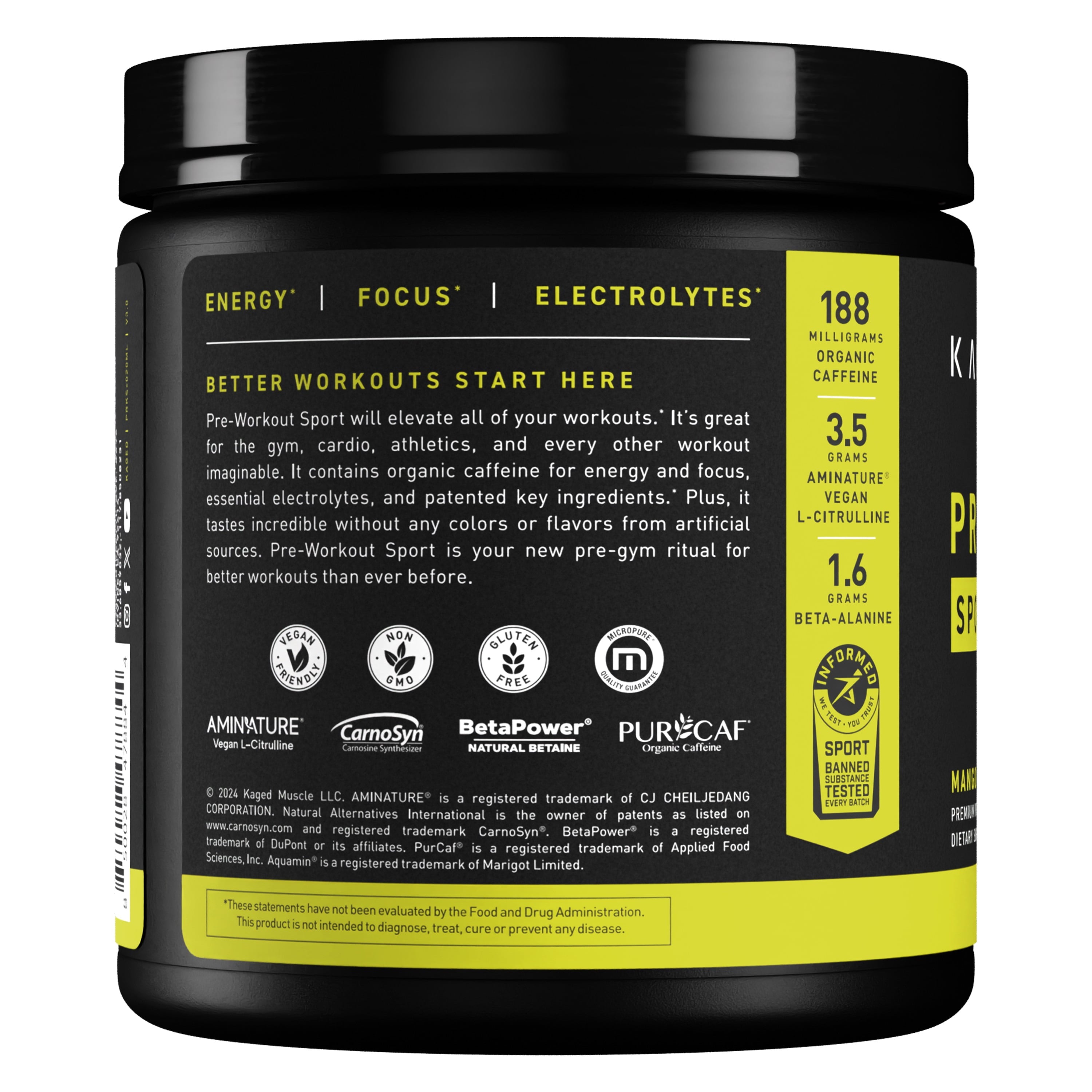 Pre- Sport Pre-Workout for Men and Women, Increase Energy, Focus, Hydration, and Endurance, Organic Caffeine, Plant Based Citrulline